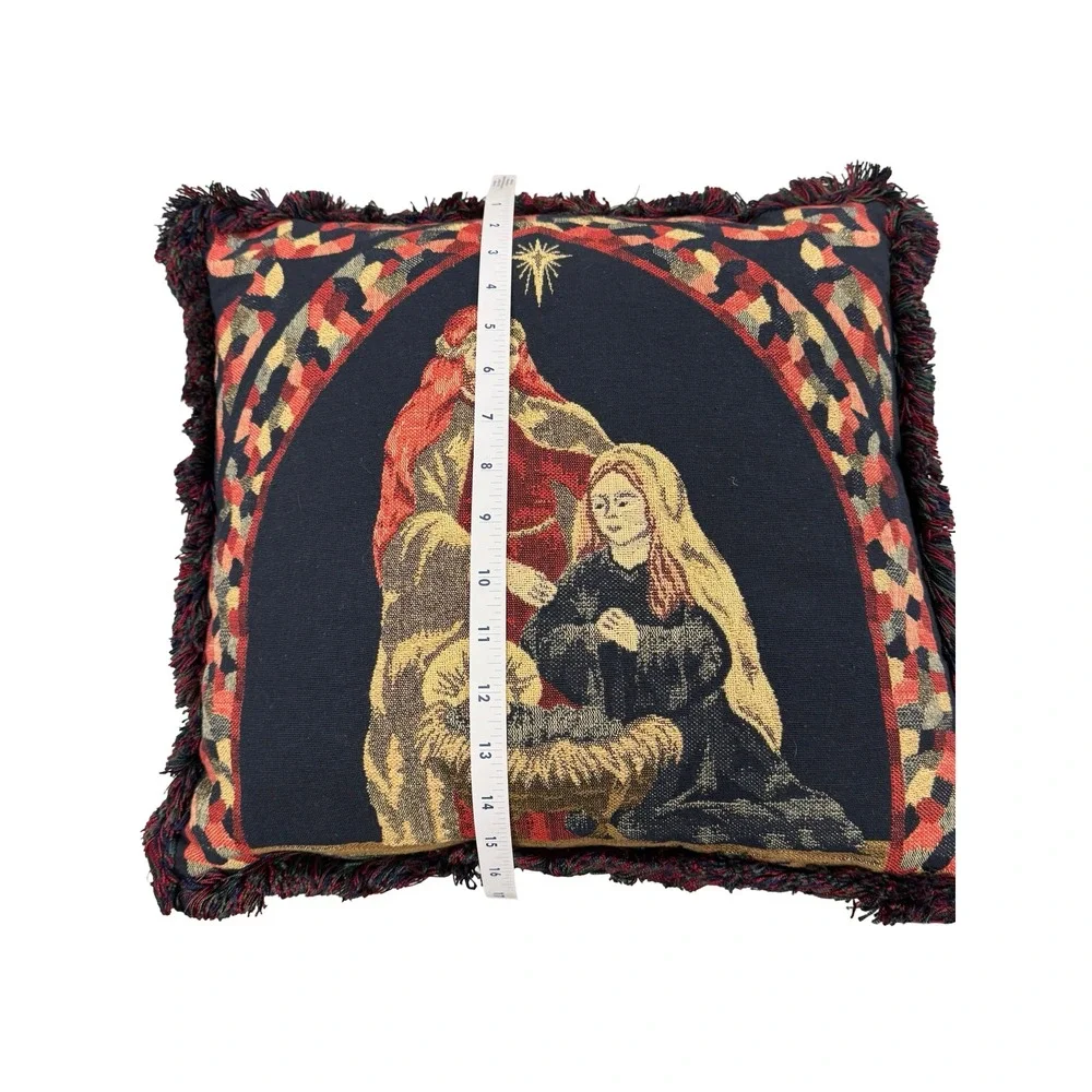 Vintage Christmas Nativity Tapestry Throw Pillow Fringe Trim Moiré Back 16x15